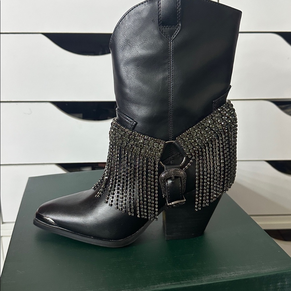 BEAST FASHION Black Ankle Boots with Silver Fringe